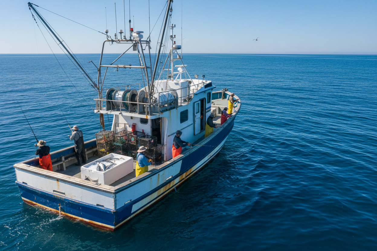 Fishing on a boat in the ocean